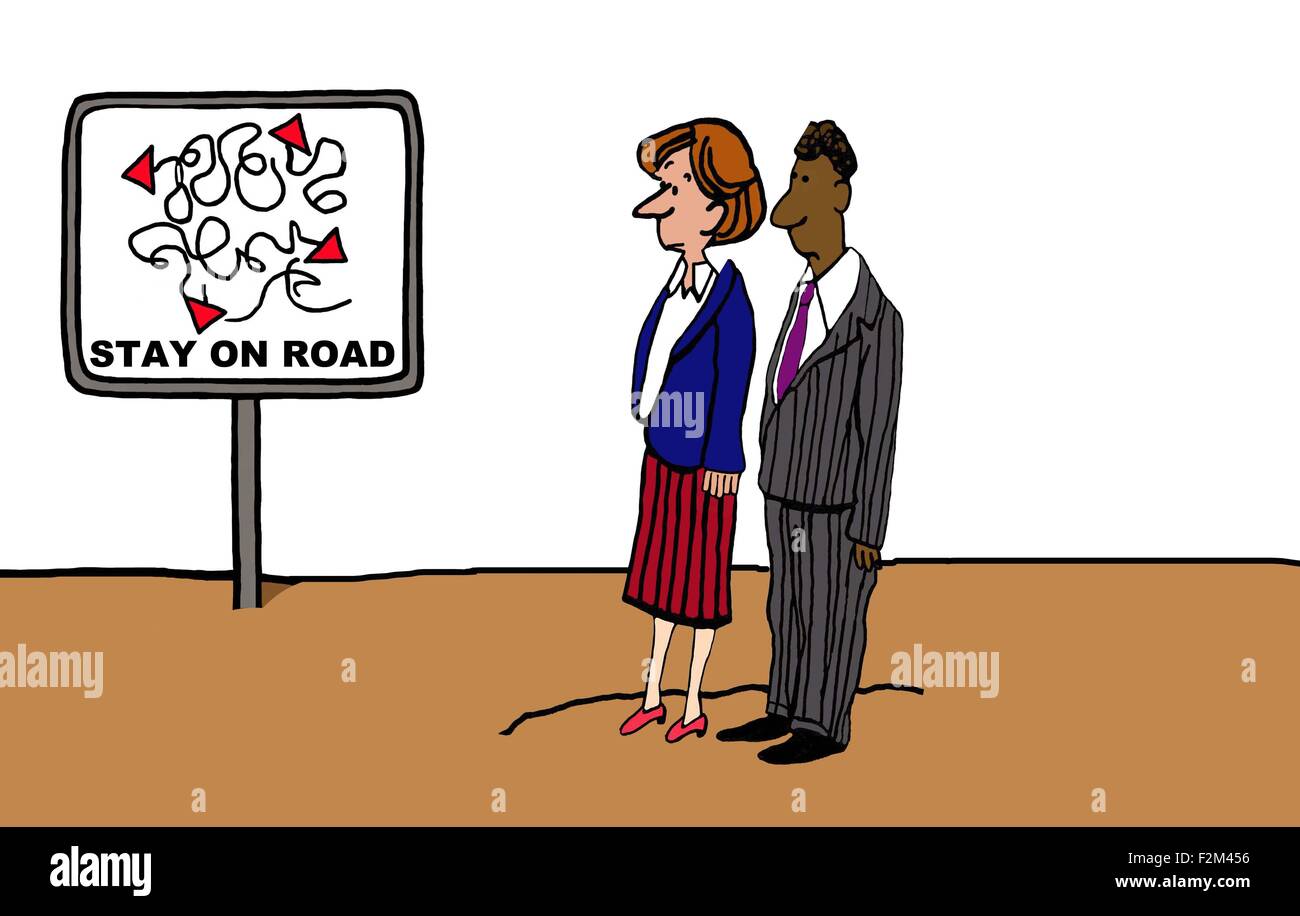 Business illustration showing two businesspeople looking at very confusing sign that reads, 'Stay on road'. Stock Photo