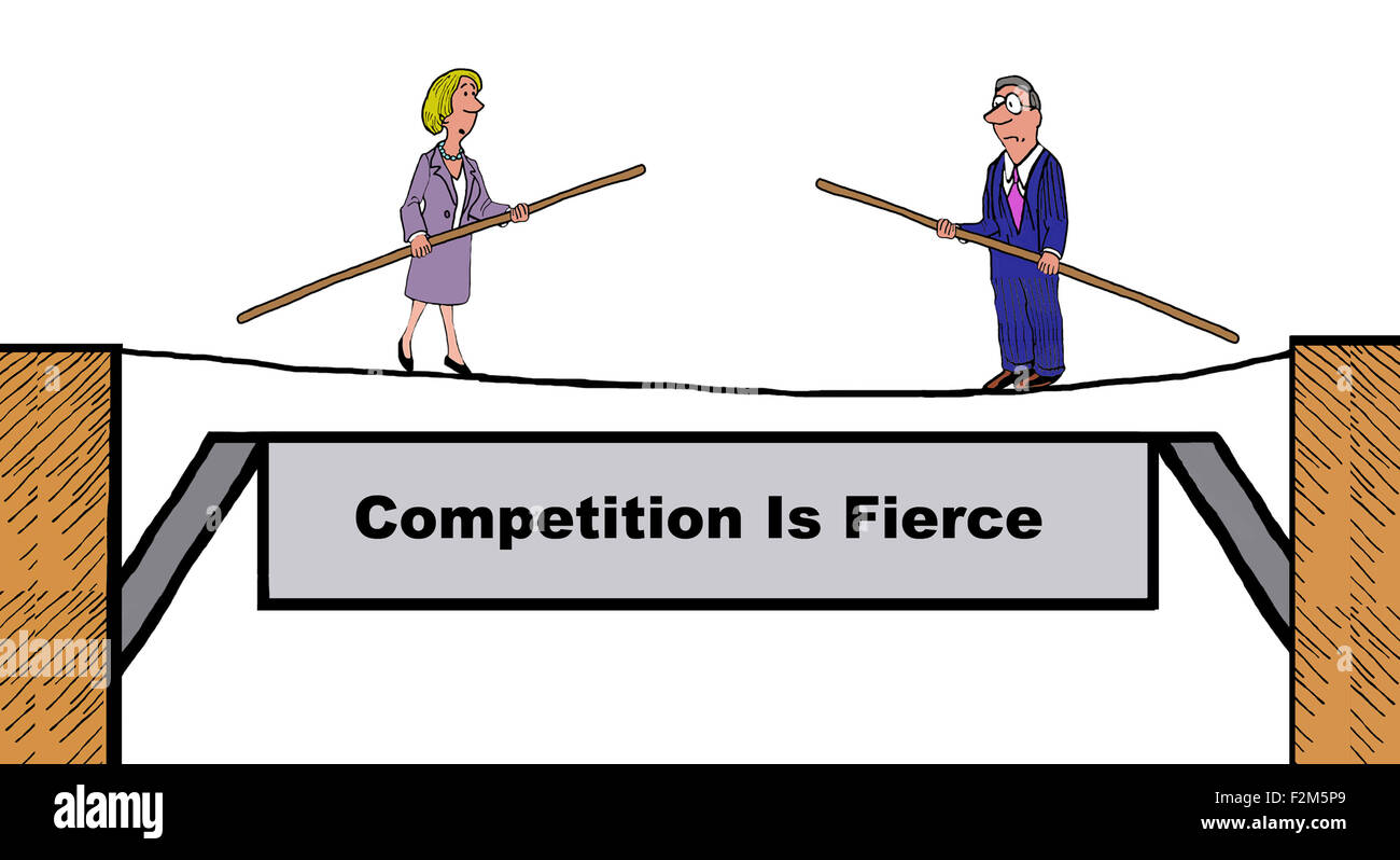 Business illustration of two people on tightrope and the words, 'Competition is fierce'. Stock Photo