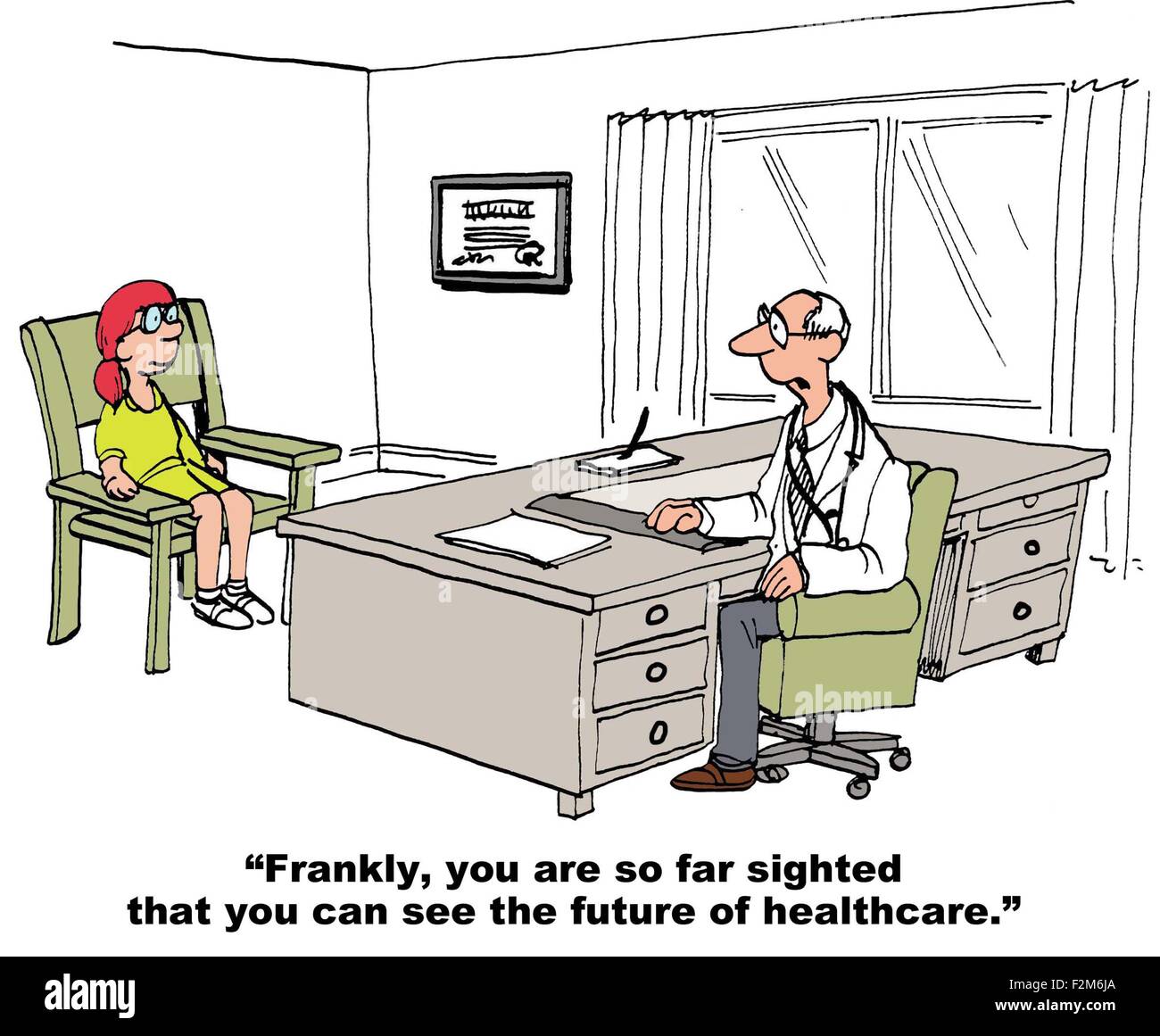 Healthcare cartoon showing doctor saying to girl, 'Frankly, you are so far sighted that you can see the future of healthcare'. Stock Photo