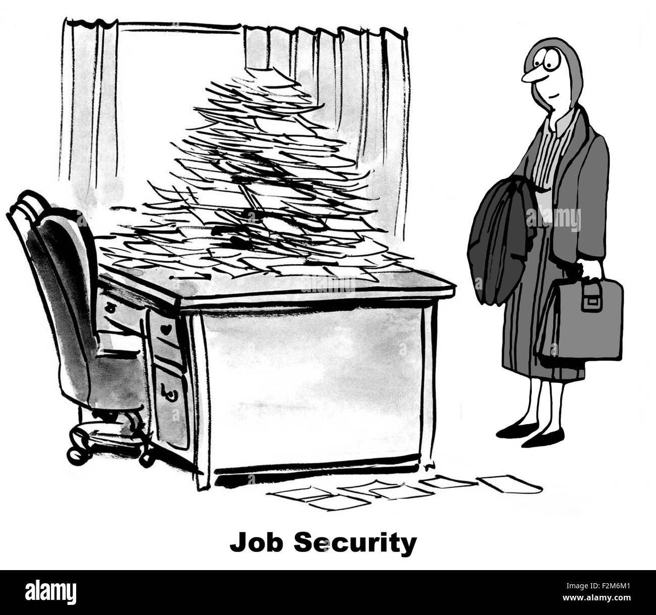 Business cartoon showing businesswoman looking at desk overflowing with papers, 'Job Security'. Stock Photo
