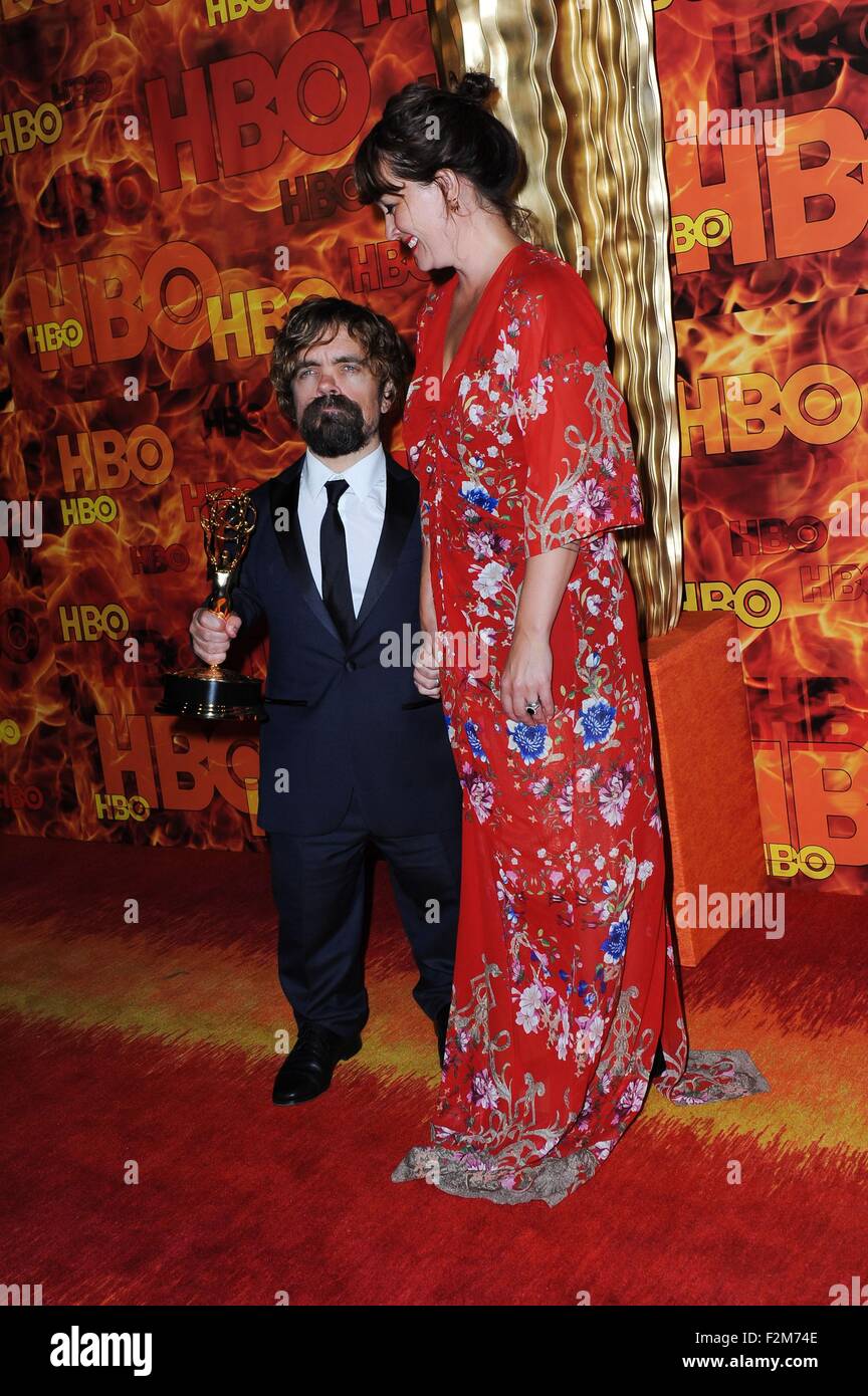 Los Angeles, CA, USA. 20th Sep, 2015. Peter Dinklage, Erica Schmidt at the after-party for HBO Post-Emmy Awards Reception 2015, The Plaza at the Pacific Design Center, Los Angeles, CA September 20, 2015. Credit:  Sara Cozolino/Everett Collection/Alamy Live News Stock Photo