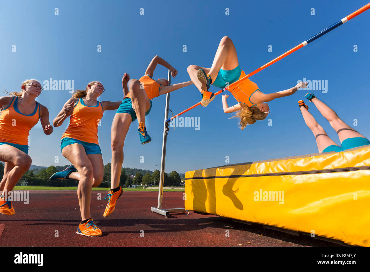 Sequence of high jumper crossing bar Stock Photo