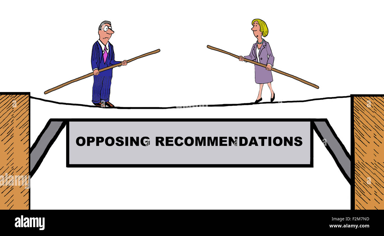Business illustration showing two people facing each other on tightrope and the words, 'Opposing recommendations'. Stock Photo