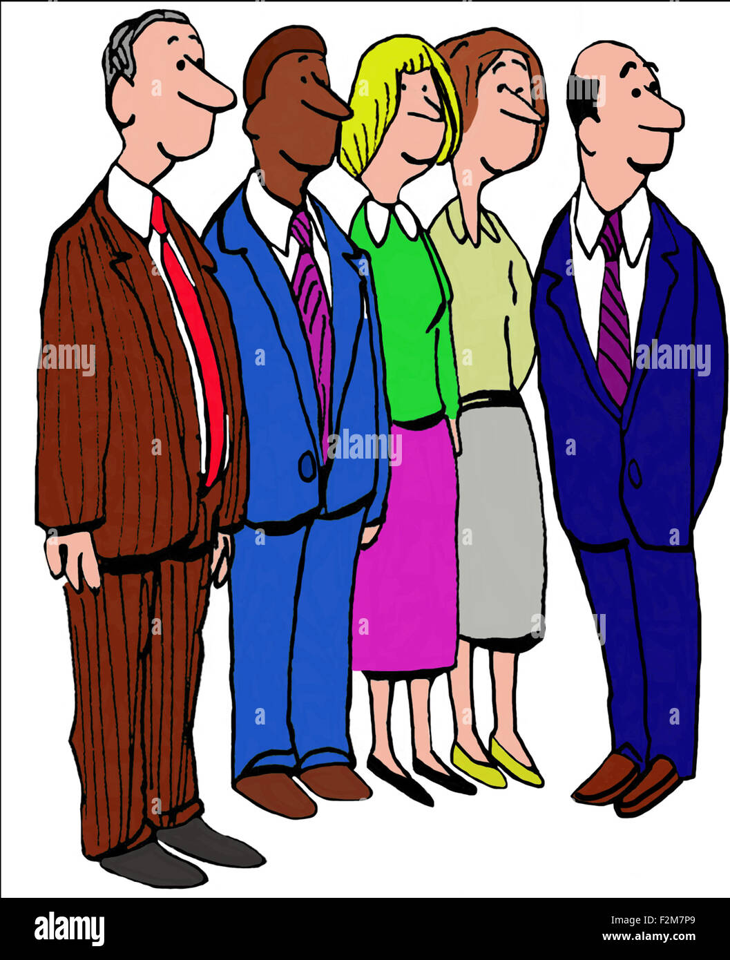 Business illustration showing full bodies of five smiling, diverse businesspeople. Stock Photo