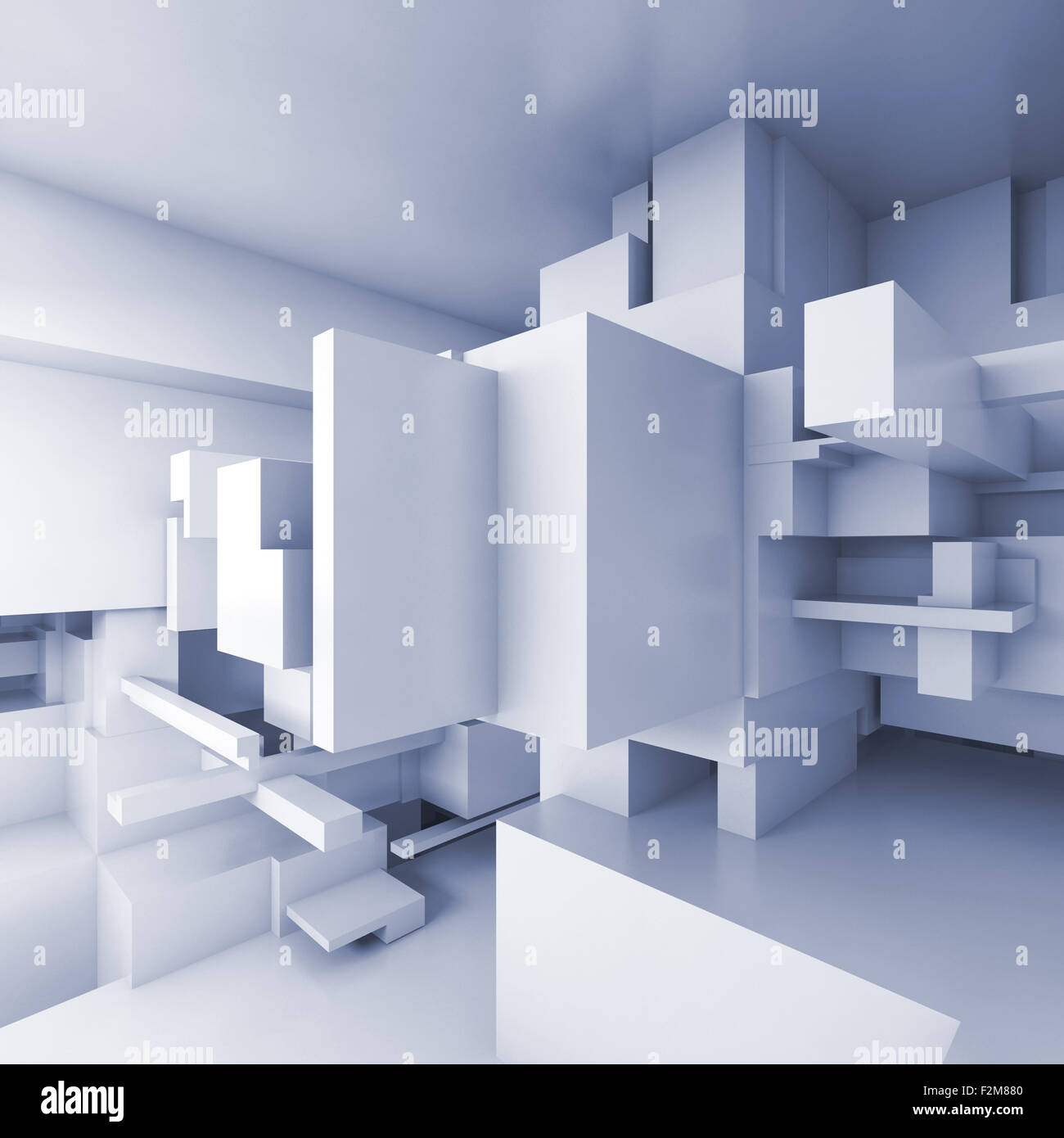 Abstract blue square high-tech interior background with chaotic cubes ...