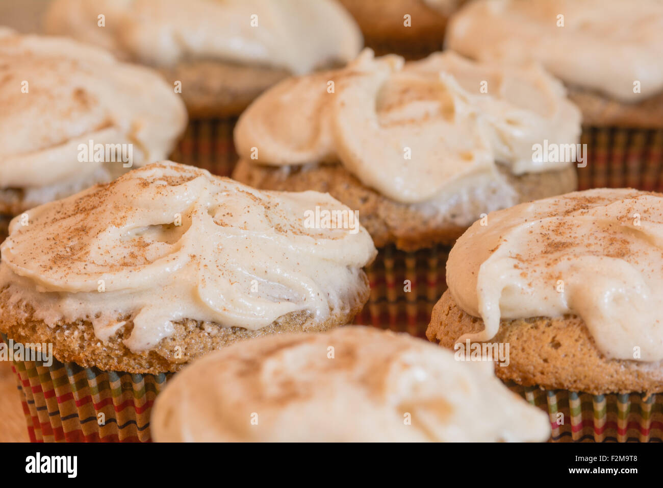 Pumpkin spice cupcakes frosted with cinnamon frosting Stock Photo