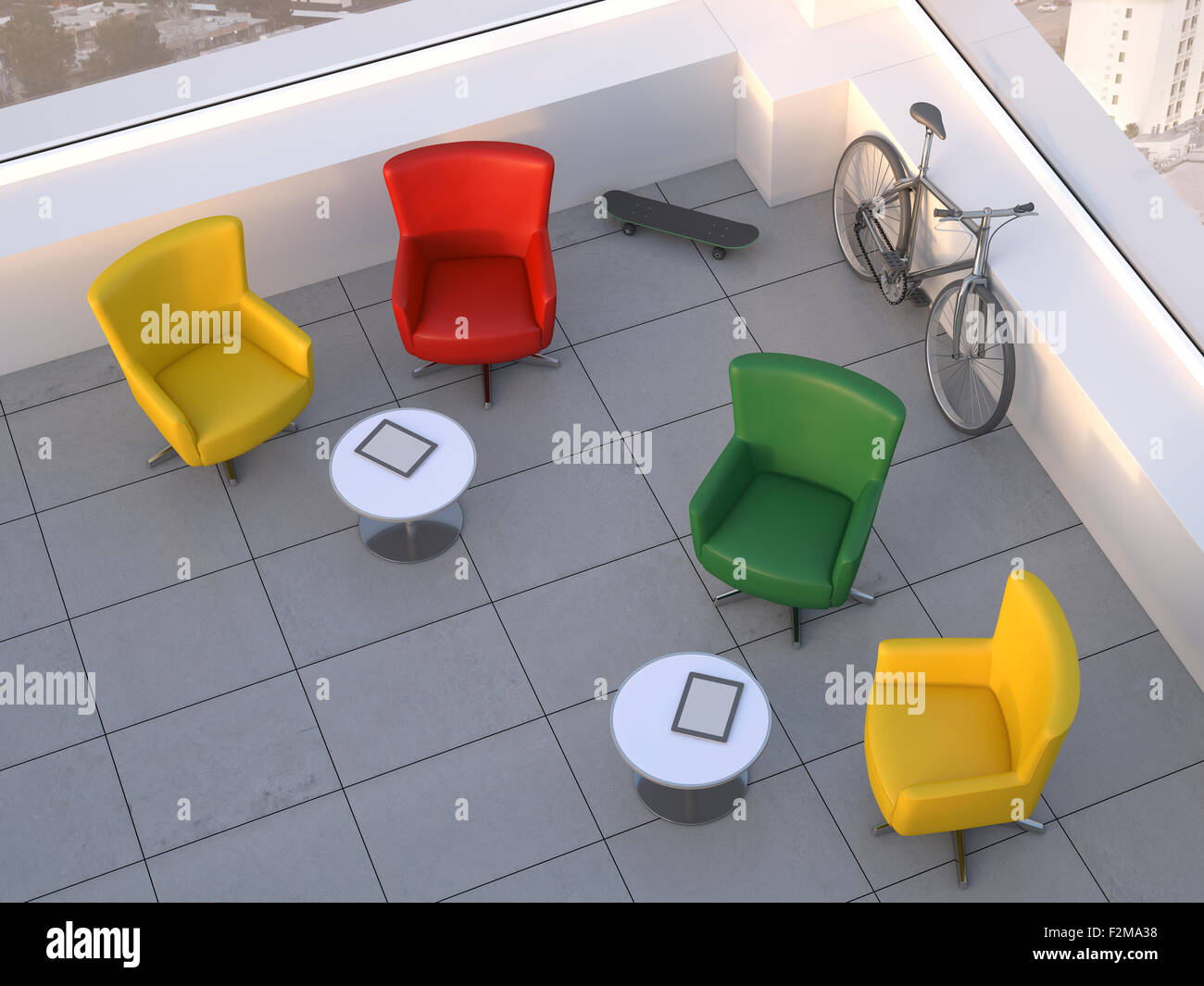 Modern meeting room with four swivel chairs, skateboard and mountain bike, 3D Rendering Stock Photo