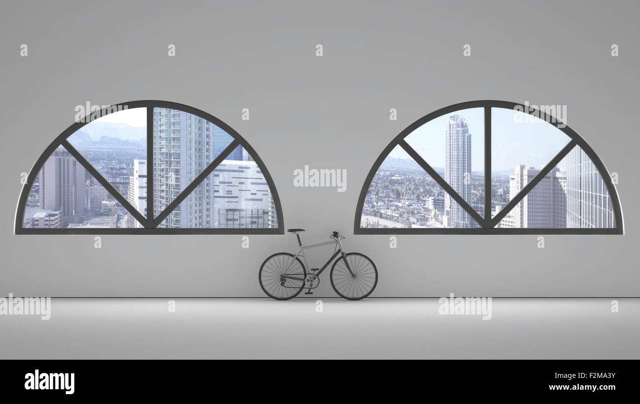 Loft with two round arch windows and bicycle leaning on the wall, 3D Rendering Stock Photo