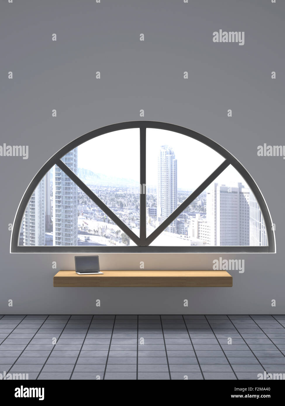 Laptop on wooden bench under a round arch window, 3D Rendering Stock Photo