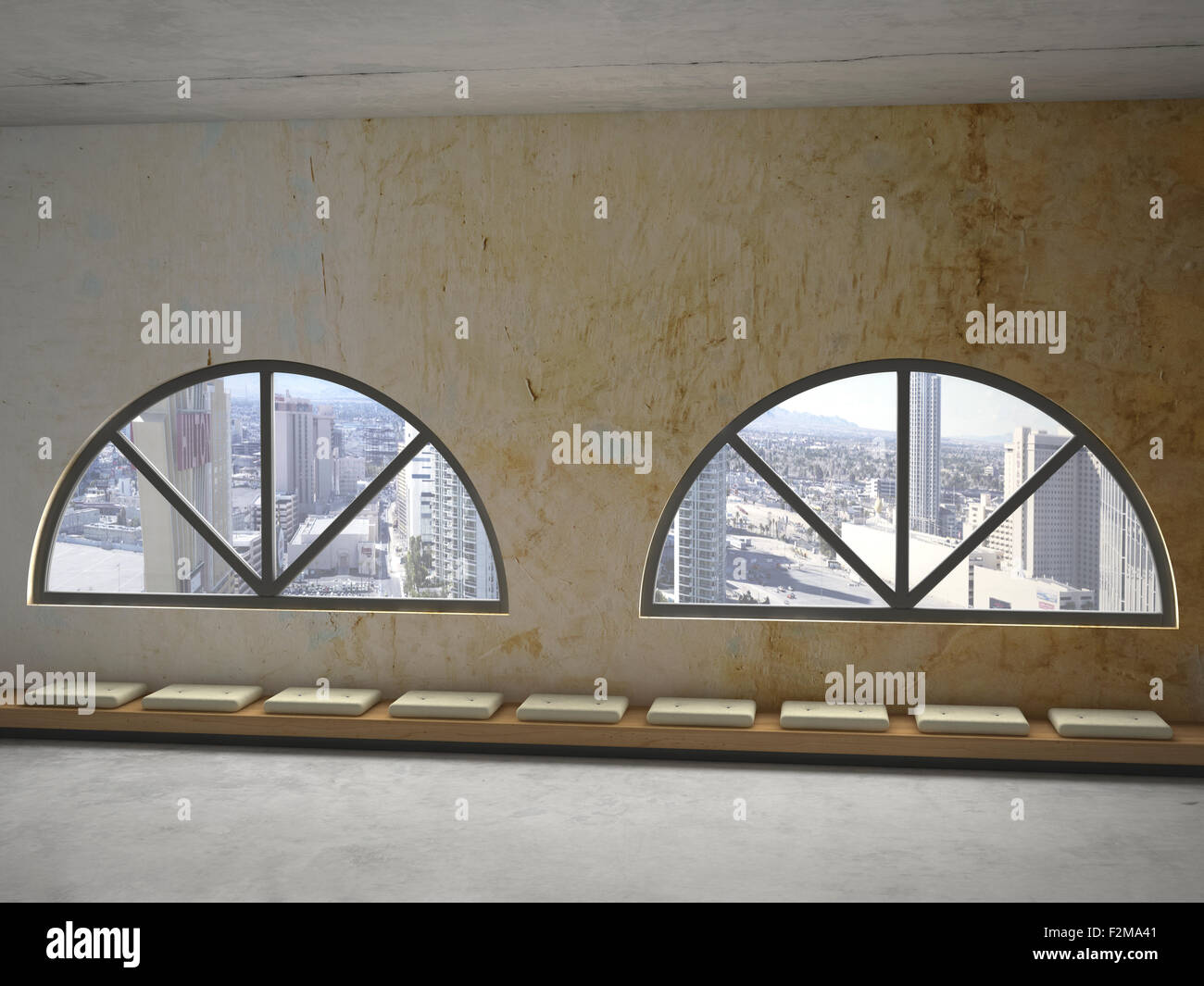 Row of cushions on wooden bench under two round arch windows, 3D Rendering Stock Photo