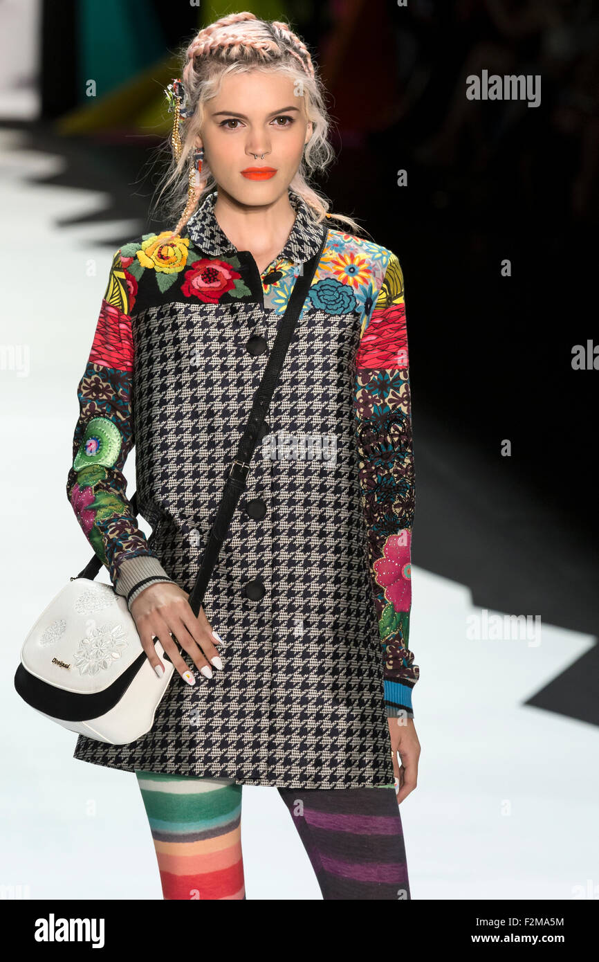 New York, NY - September 10, 2015: Brenda Cruz walks the runway at the Desigual fashion show Stock Photo