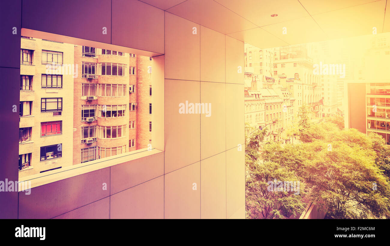 Retro vintage stylized picture of Manhattan with flare effect, New York City, USA. Stock Photo