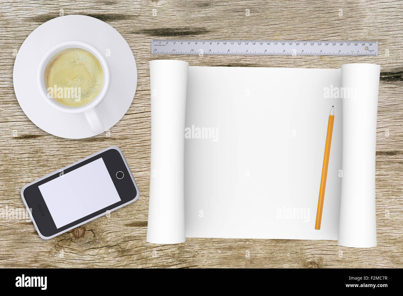 Smartphone with ruler and pencil Stock Photo - Alamy