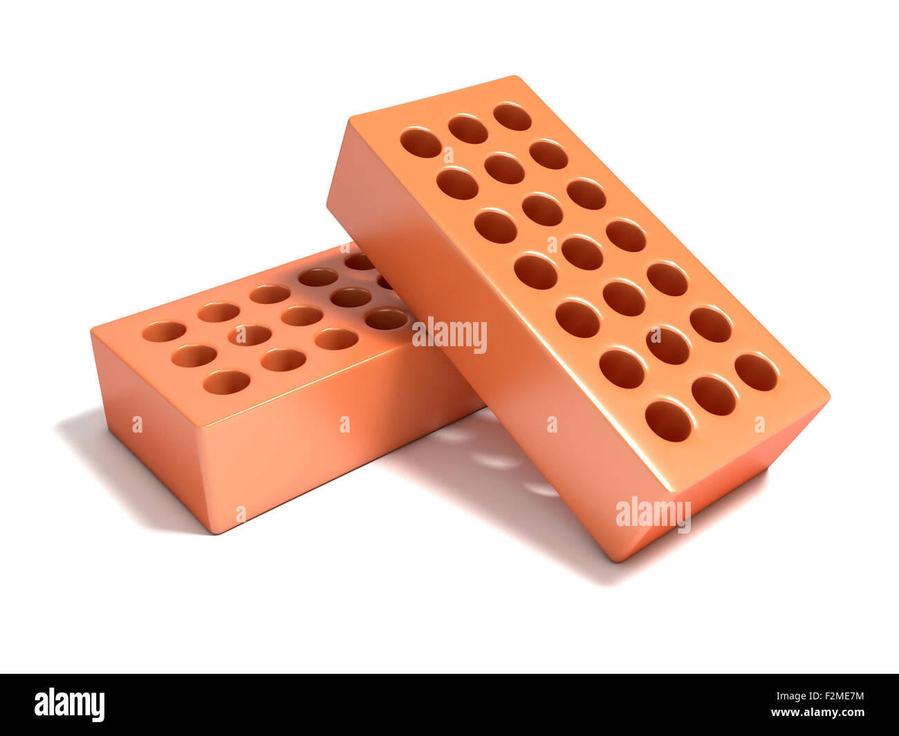 Two red bricks with round holes. 3D render illustration isolated on a white background. Stock Photo