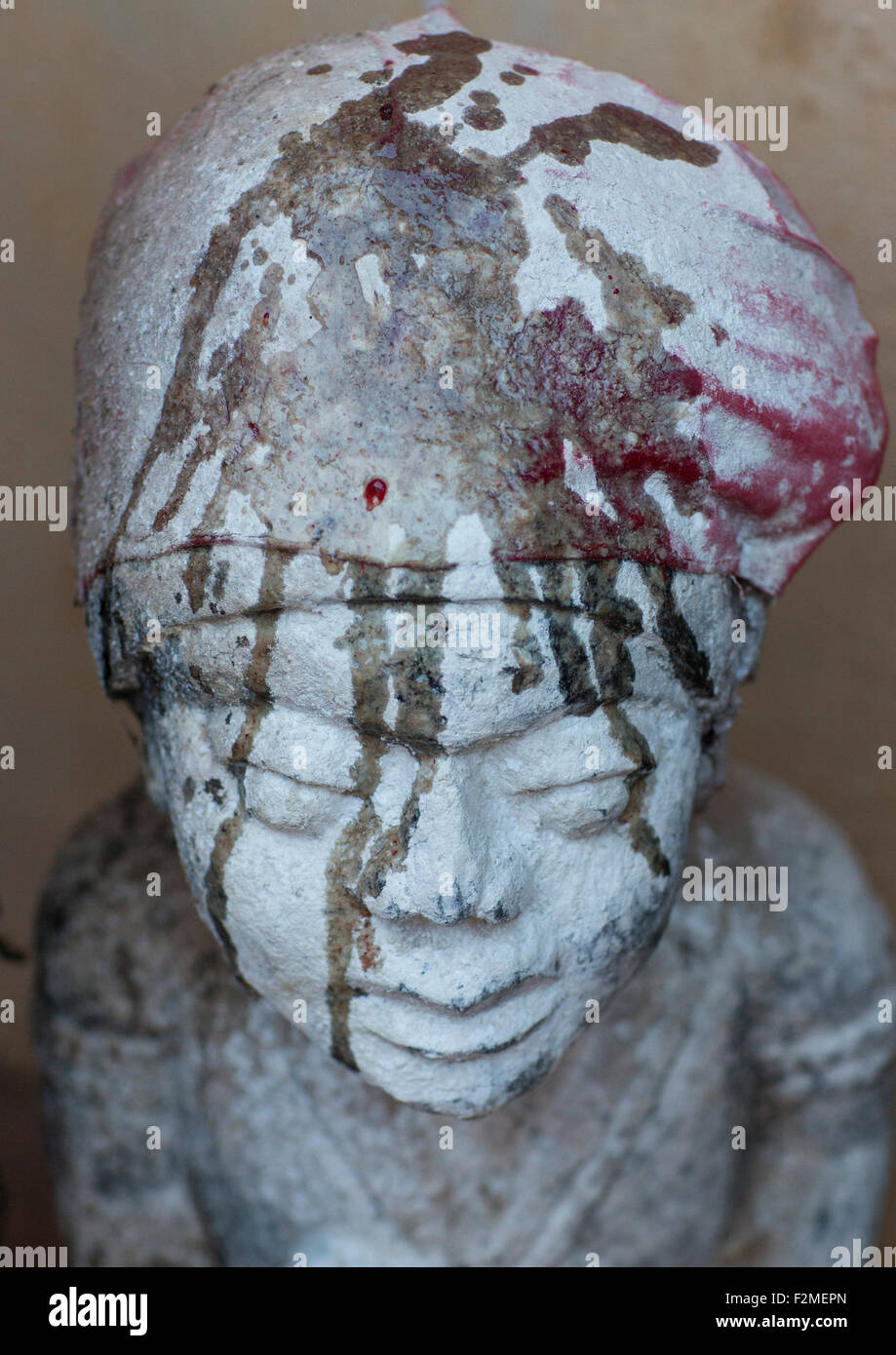 Benin, West Africa, Bonhicon, statues covered with talc powder and blood for a voodoo ceremony Stock Photo
