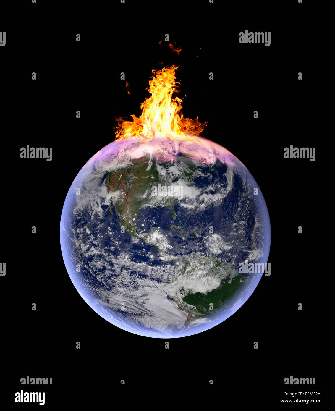 Symbolbild/ Illustration: verbrennender Erdball: Umweltzerstoerung und verbrauchte Ressource - CGI-Visualisierung: Erdball im We Stock Photo