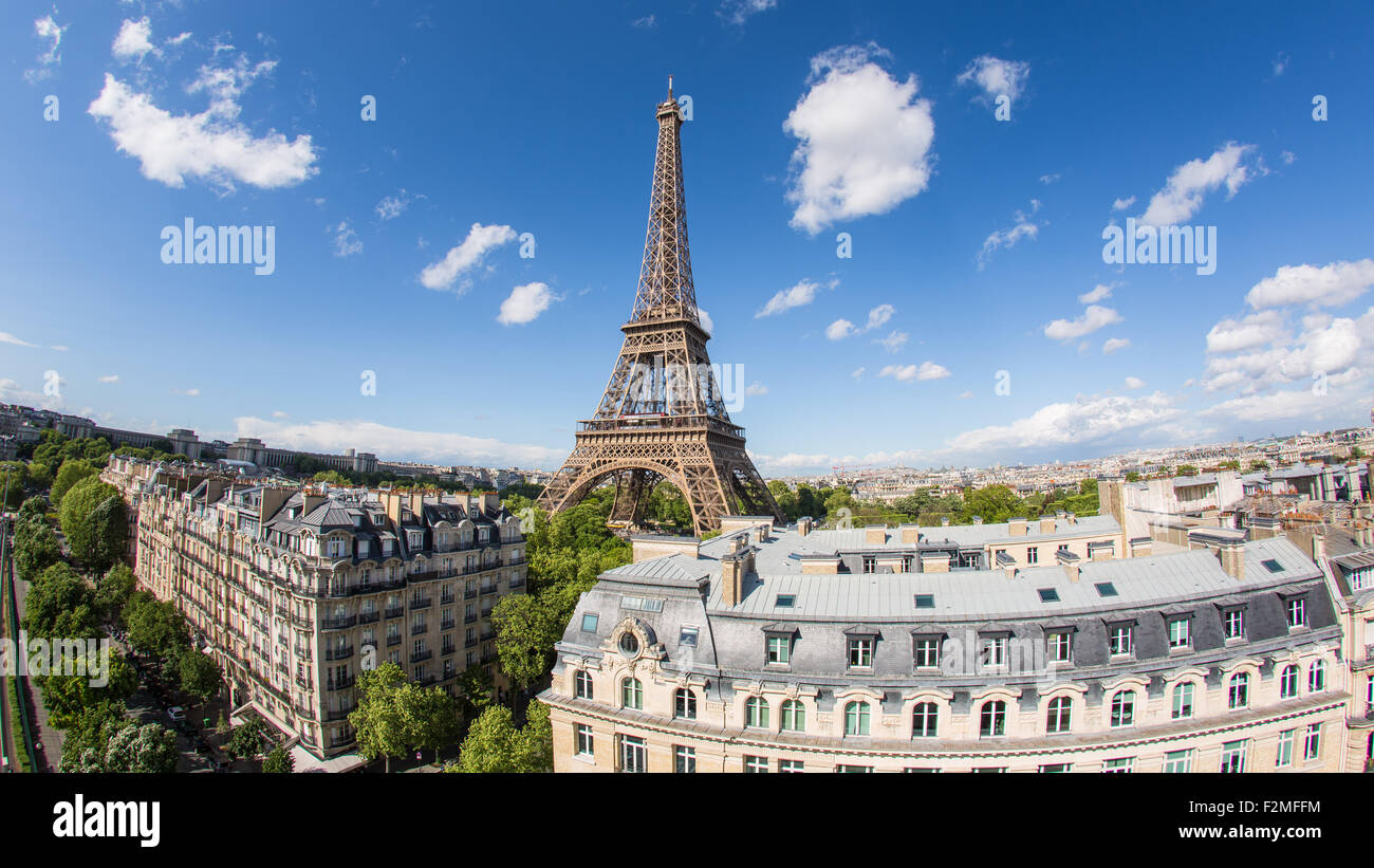 Eiffel Tower, viewed over rooftops, Paris, France, Europe Stock Photo