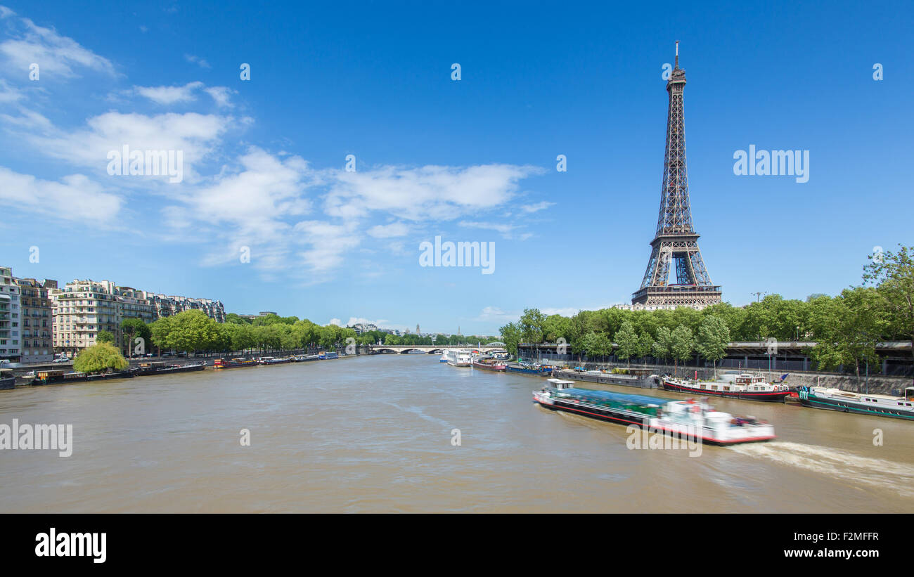 River Seine with the Eiffel Tower in the distance, Paris, France, Europe Stock Photo
