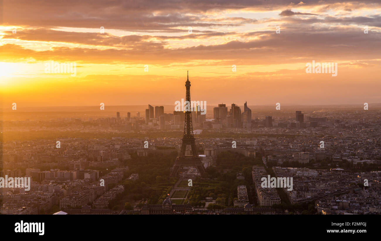 Elevated view of the Eiffel Tower, city skyline and La Defence skyscrapper district in the distance, Paris, France, Europe Stock Photo