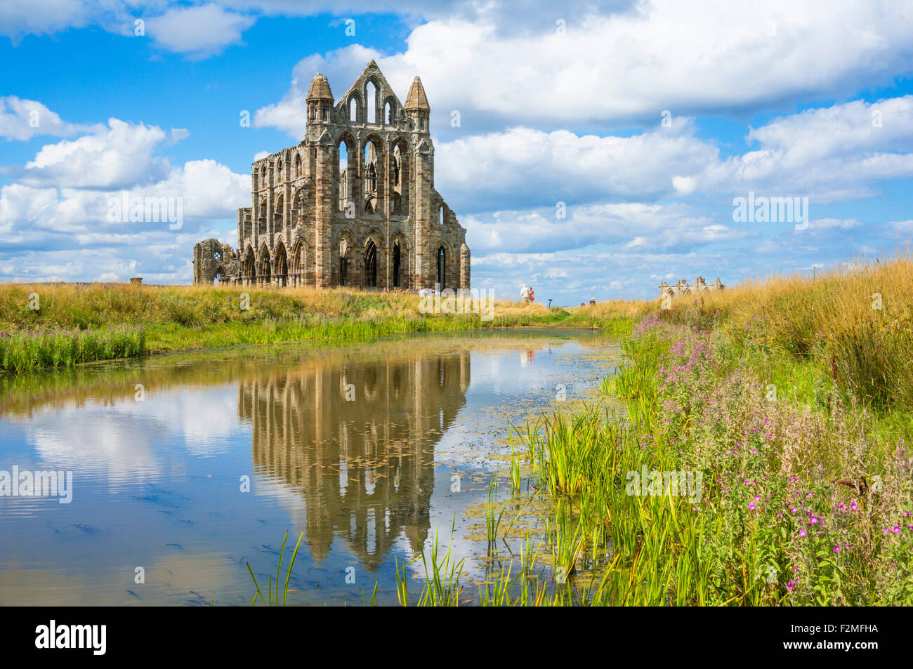 Whitby abbey ruins with reflections in a small still pool Whitby North Yorkshire England Great Britain UK GB Europe Stock Photo