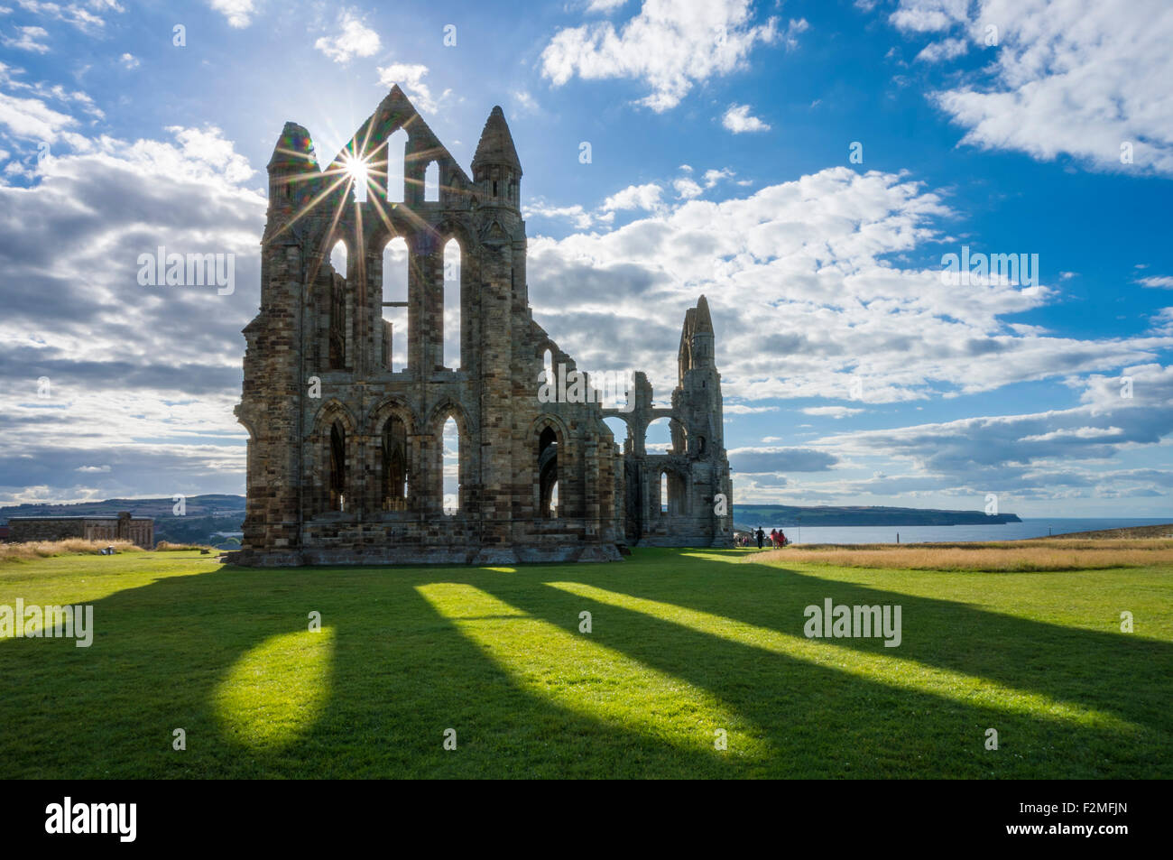 Whitby abbey ruins backlit with shadows Whitby North Yorkshire England Great Britain UK GB Europe Stock Photo