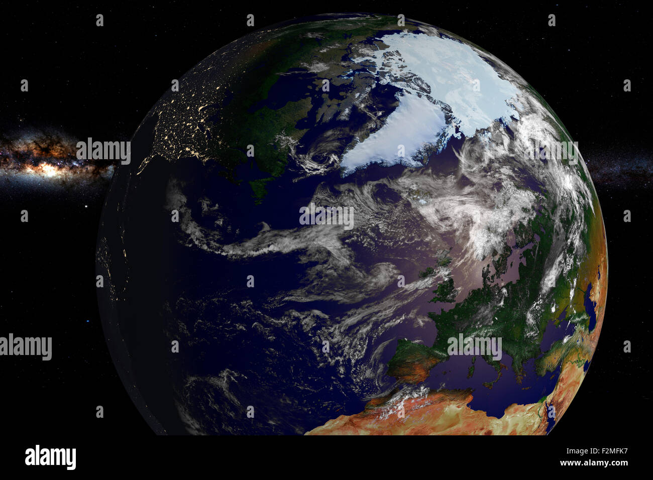 CGI-Visualisierung: Nordamerika, Nordpol, Europa: Erdball im Weltall . Stock Photo