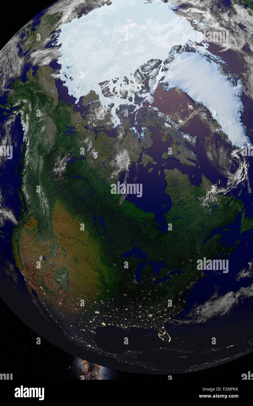 CGI-Visualisierung: Nordamerika, Nordpol: Erdball im Weltall. Stock Photo