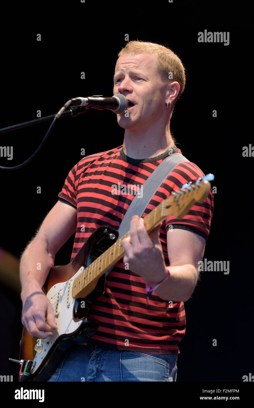 Benji Kirkpatrick performing with Bellowhead at Womad 2015, Charlton Park, Malmesbury, England, 24th July 2015 Stock Photo