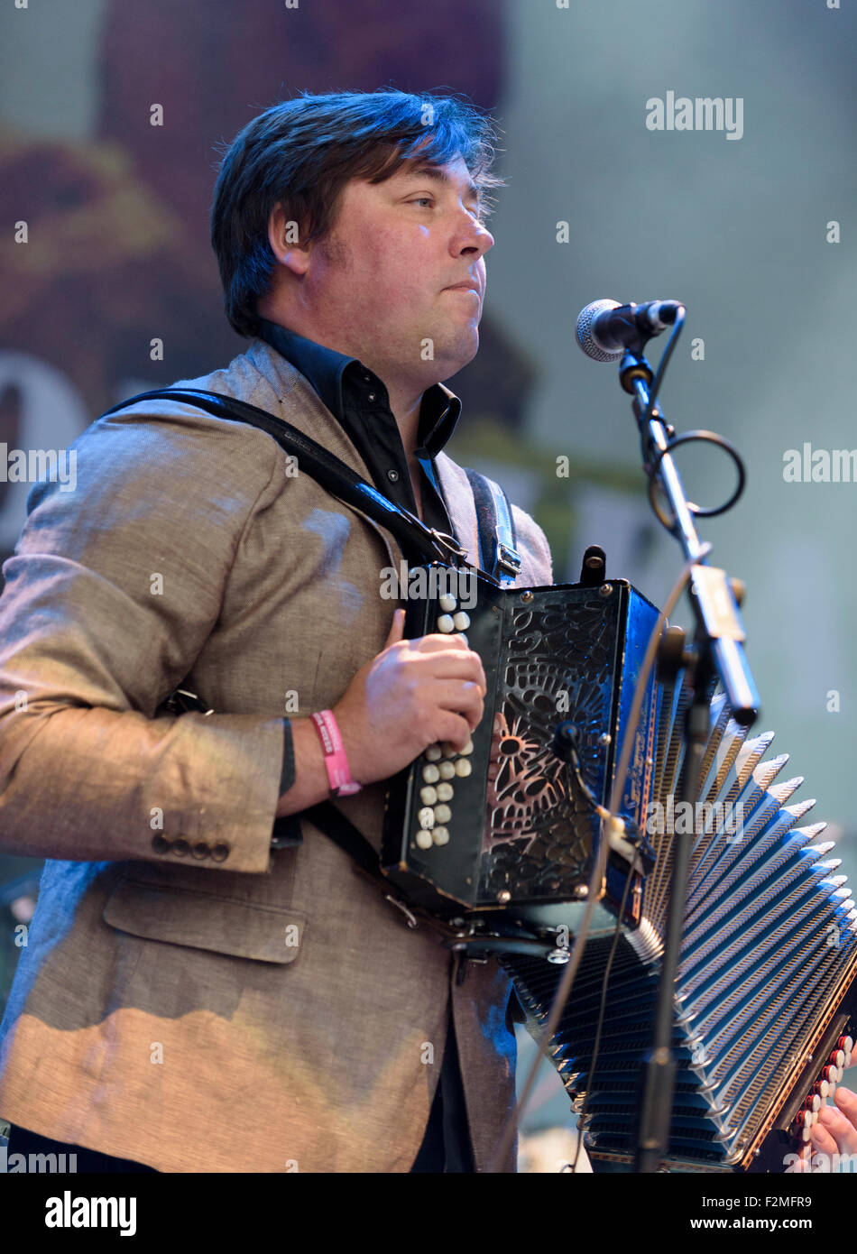 John Spiers performing with Bellowhead at Womad 2015, Charlton Park, Malmesbury, England, UK, 24th July 2015 Stock Photo