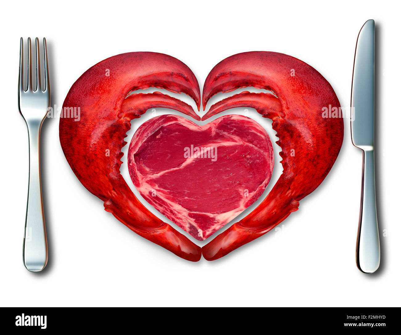 Surf and turf fine dining symbol and the love of meat and seafood as a steak and lobster in a place setting with a fork and knife shaped as a heart on a white background. Stock Photo