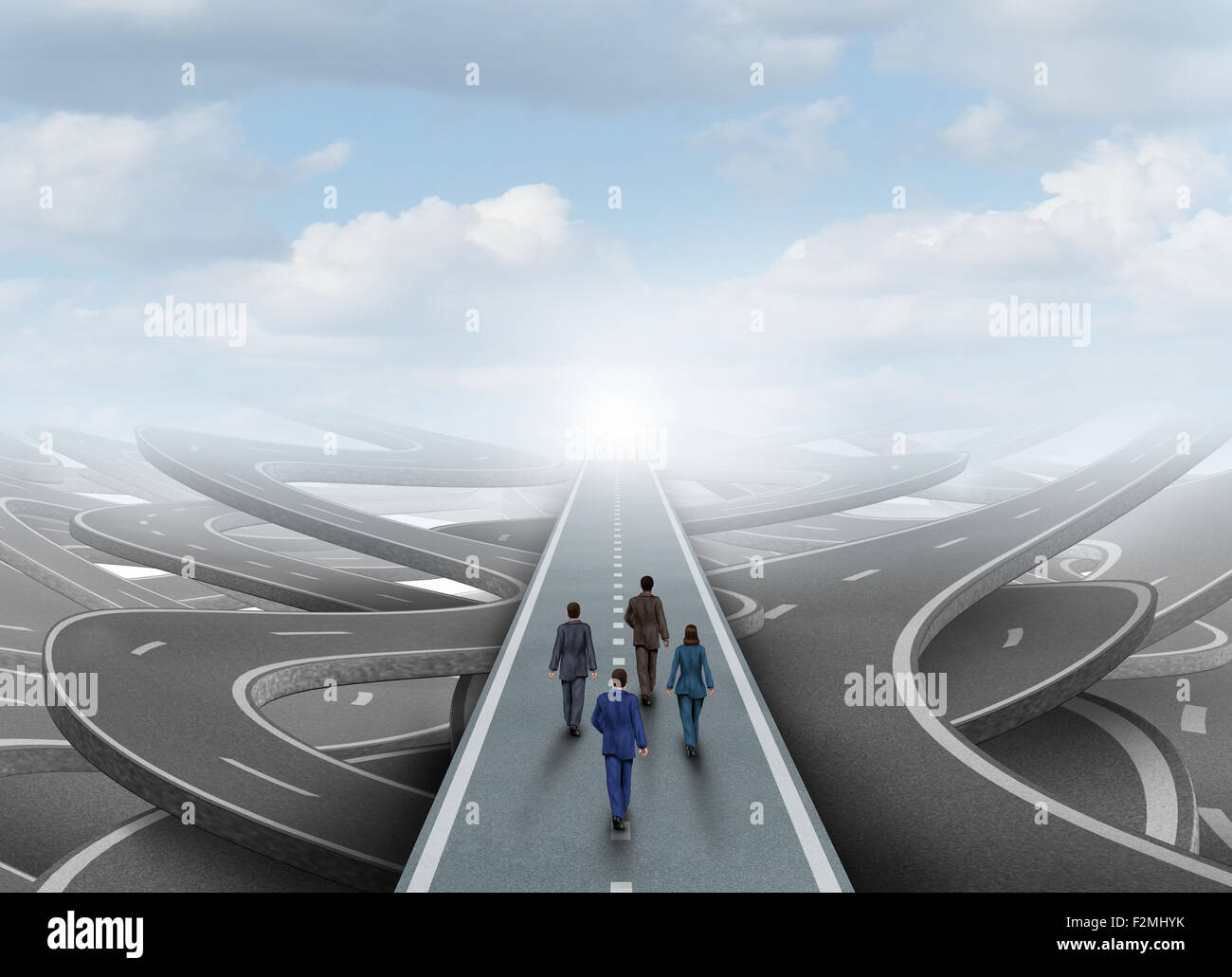 Global business people group walking in a clear forward path on a road surrounded by tangled streets as a symbol of a team or organization overcoming the challenge of confusion. Stock Photo