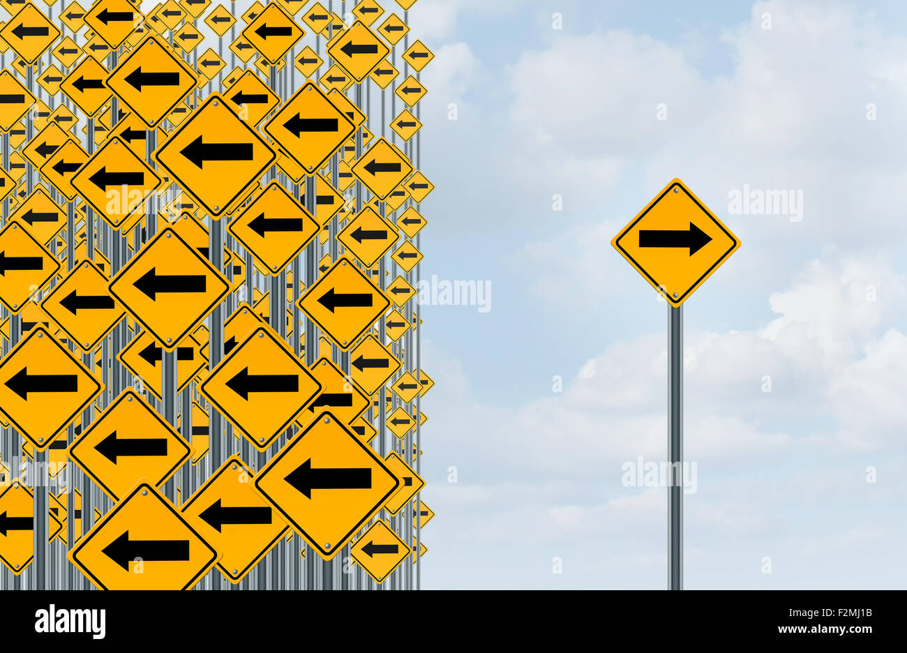Direction individuality and independent thinking concept as a group of directional arrow traffic signs with one individual pointing in the opposite way as a business icon for innovative solution. Stock Photo