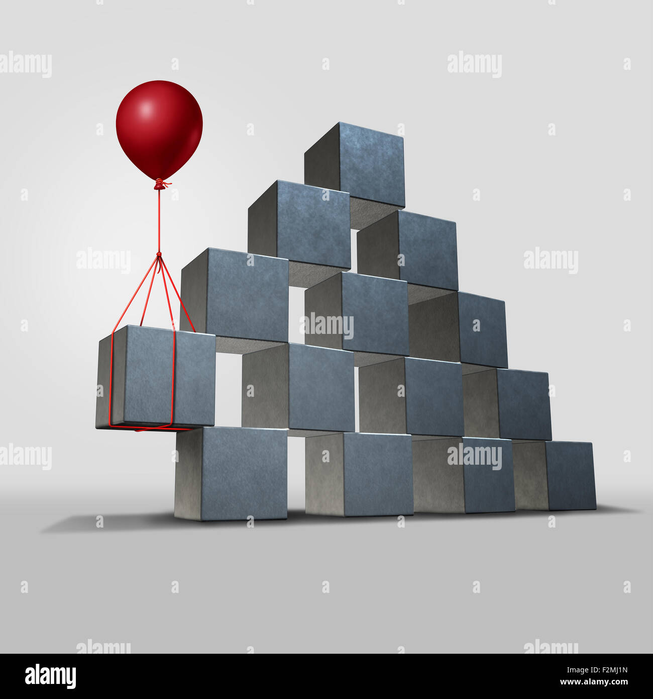 Support business solution concept as a group structure of three dimensional blocks in danger of falling with a key piece supported by a red balloon as a corporate and financial symbol for solving a problem. Stock Photo