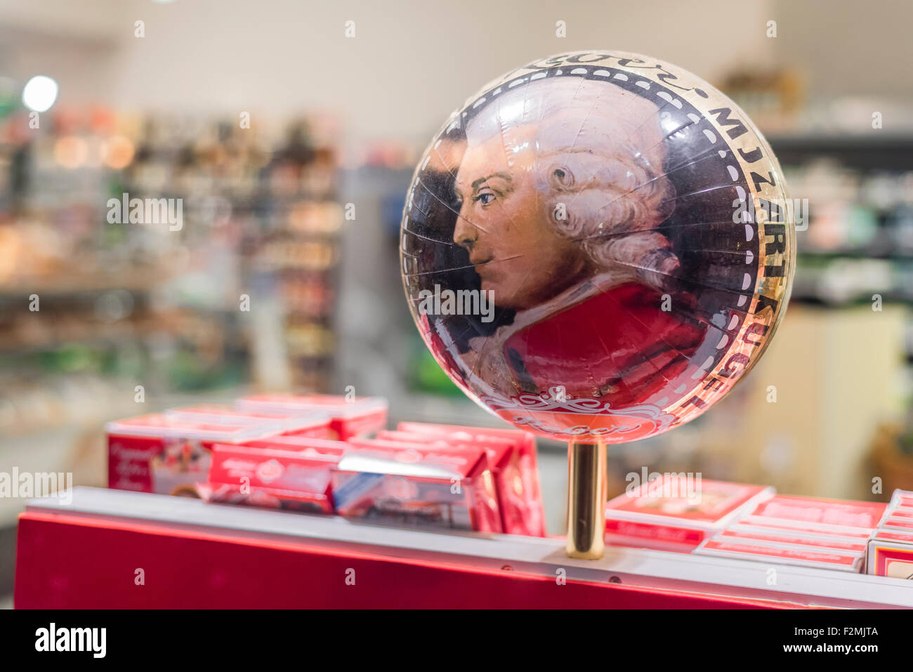 Mozart ball Mozartkugel Vienna, view of a huge Mozartkugel used in a supermarket display to advertise the famous confectionery. Stock Photo
