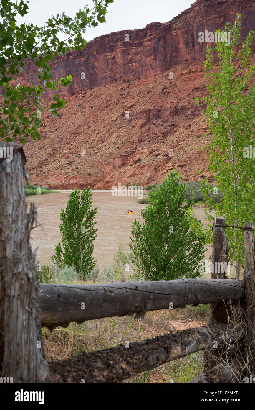 Moab, Utah - Rafters float down the Colorado River. Stock Photo