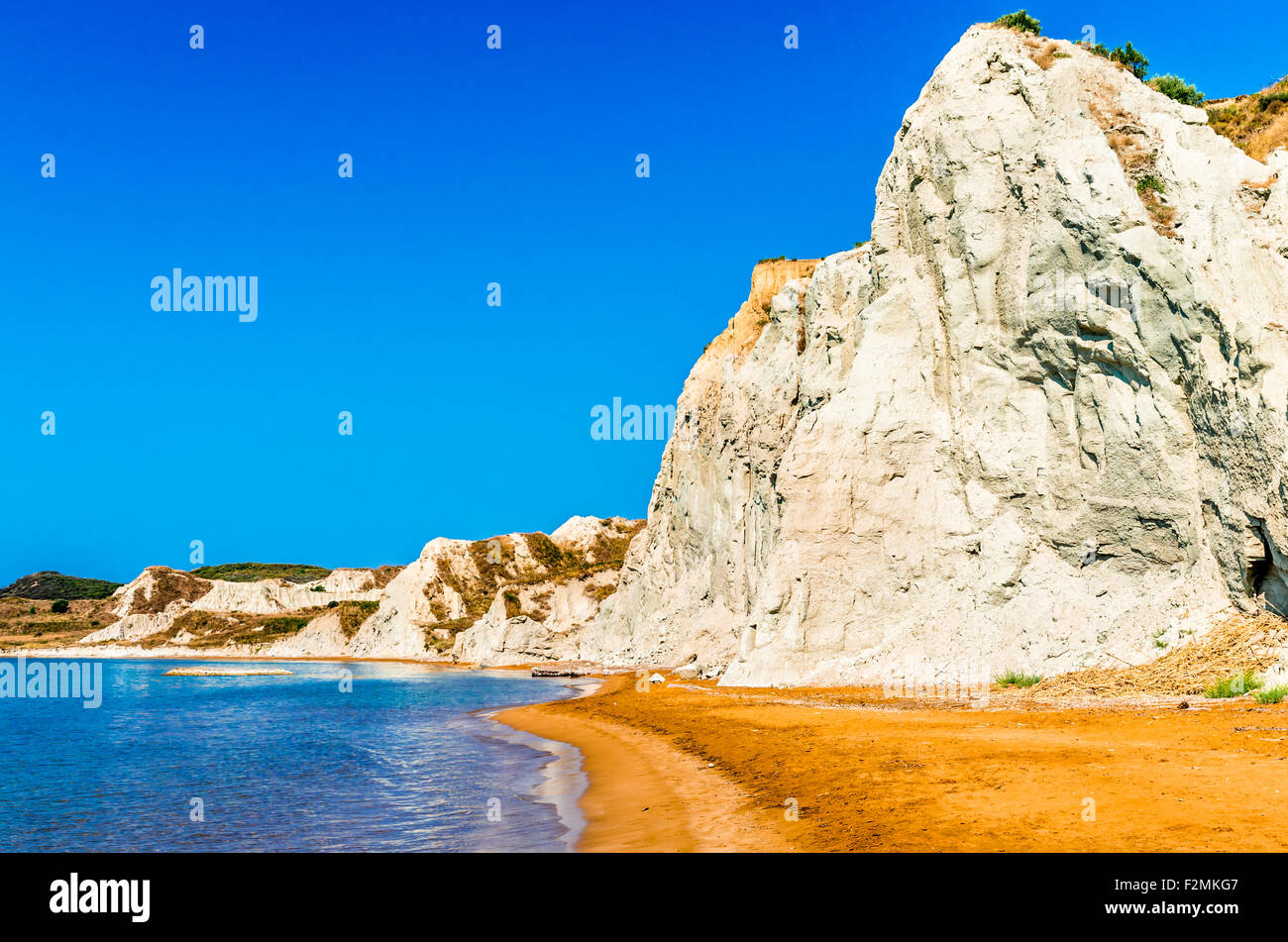 Xi Beach, Kefalonia Island, Greece. Beautiful view of Xi Beach, a beach with red sand in Kefalonia, Ionian Sea. Stock Photo