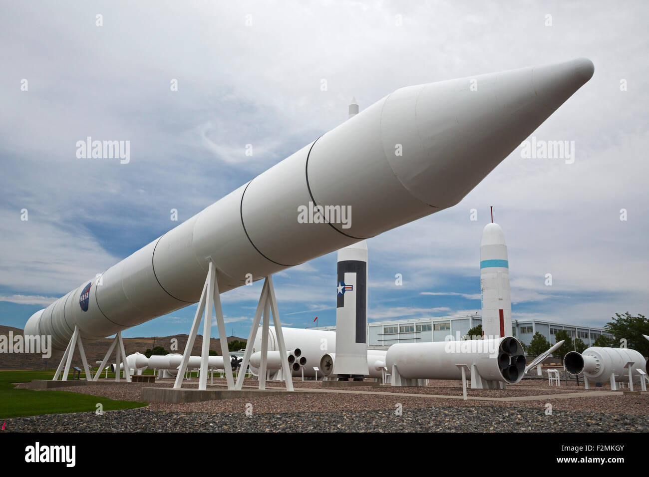 Promontory, Utah - The space shuttle reusable solid rocket motor displayed at Orbital ATK's test facility. Stock Photo