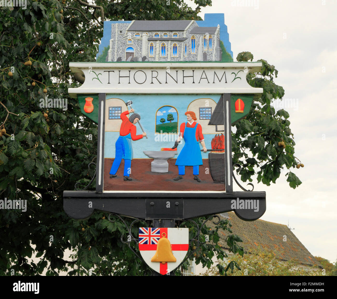 Thornham, Norfolk, Village Sign, North Norfolk coast, England UK, iron workers works forge Stock Photo