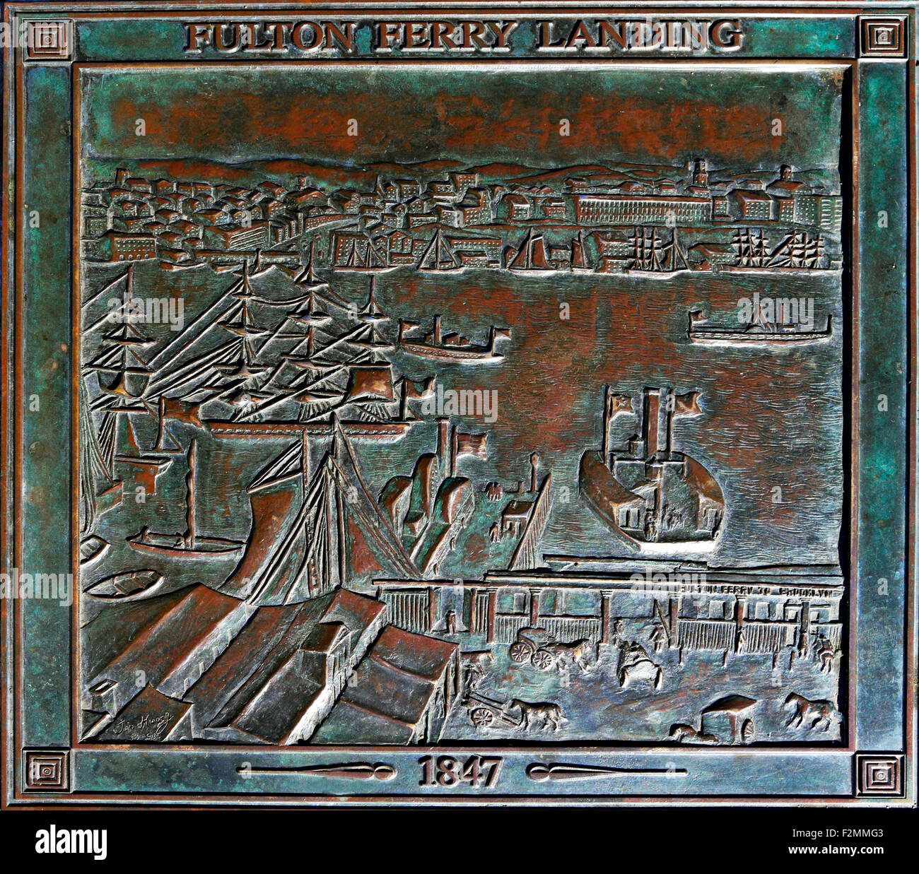 Plaque at Fulton Landing Park under the Brooklyn Bridge depicting a daily scene from 1847 in New