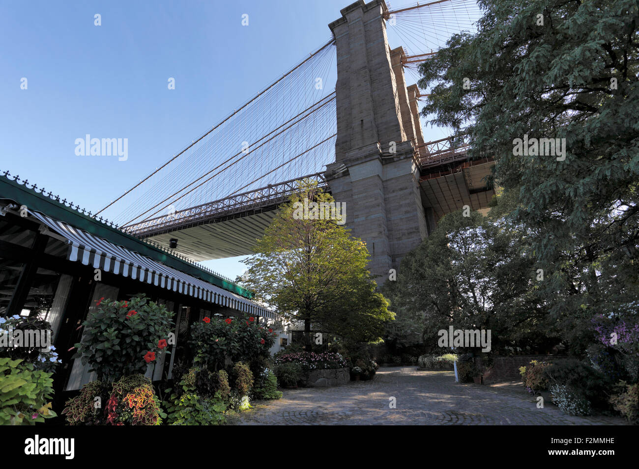 The River Cafe under the Brooklyn Bridge at Fulton Landing Park Brooklyn New York City Stock