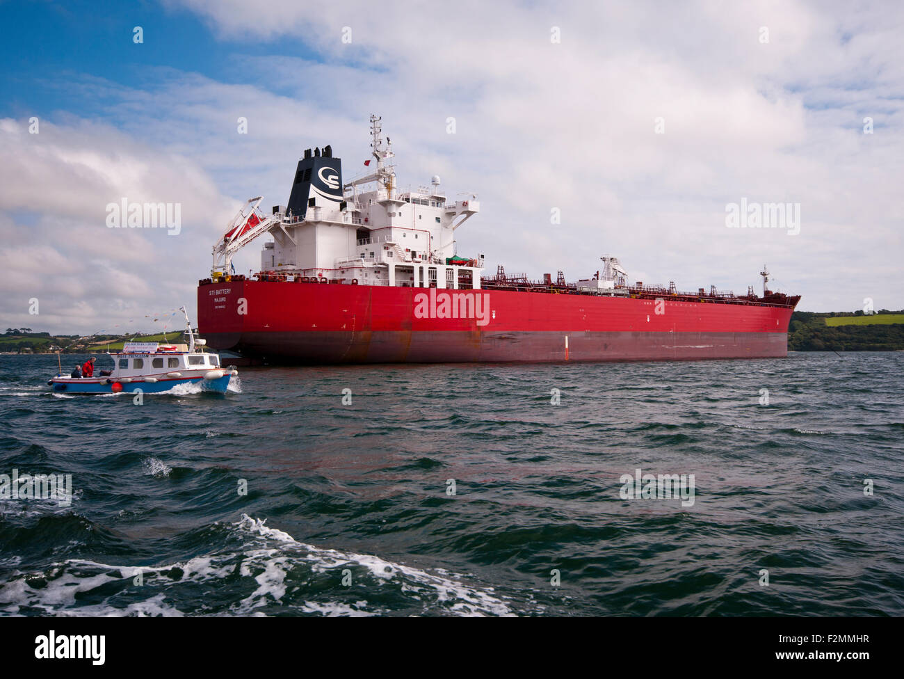 Side View Of THe Oil / Chemical tanker Ship STI BATTERY Registerd in The Marshall Islands Moored On The River Fal Cornwall UK Stock Photo