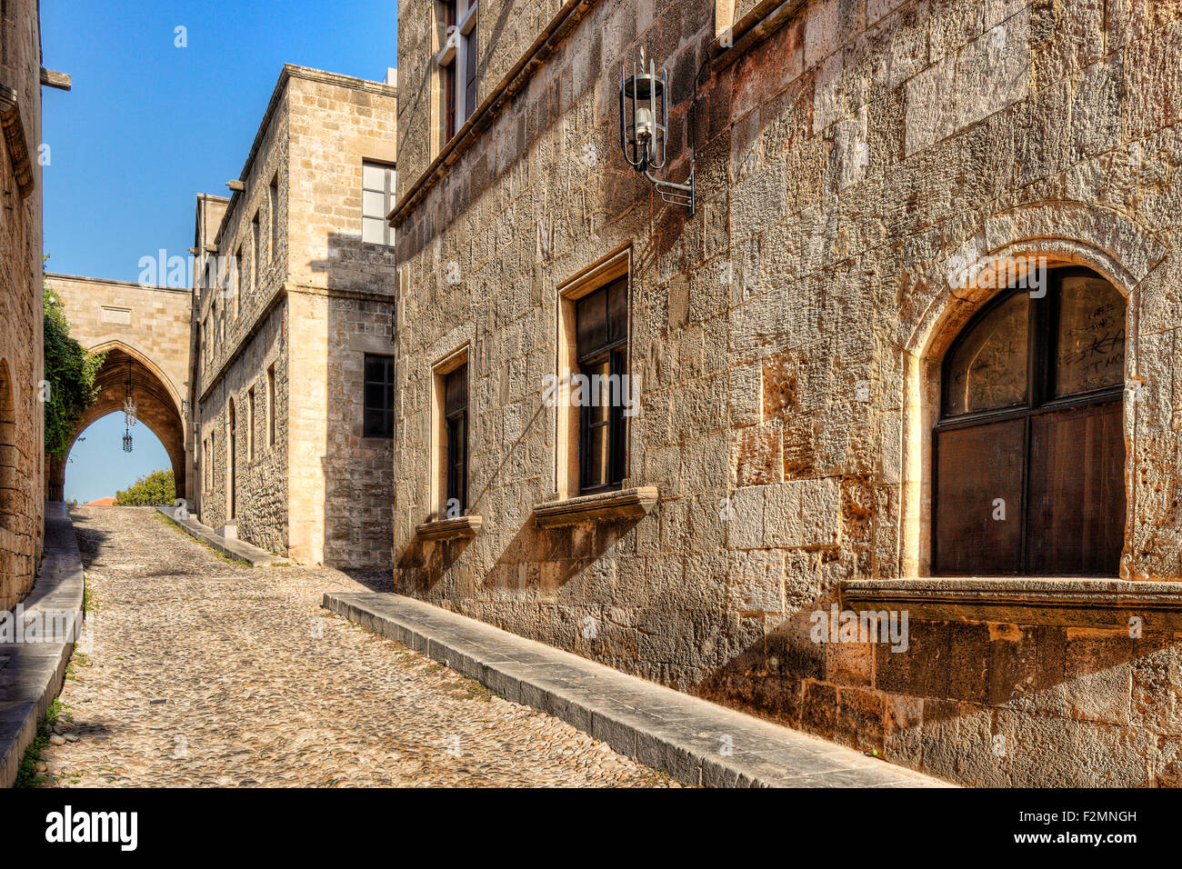 The Street of the Knights in Rhodes Greece is one of the best preserved and impressive medieval monuments in the world. Stock Photo