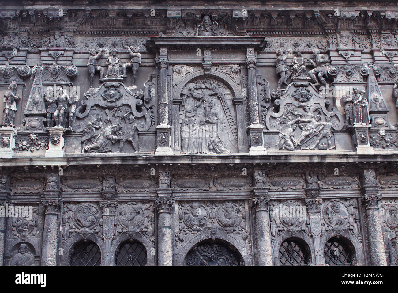 nice sculptures on the front of building in Lviv Ukraine Stock Photo