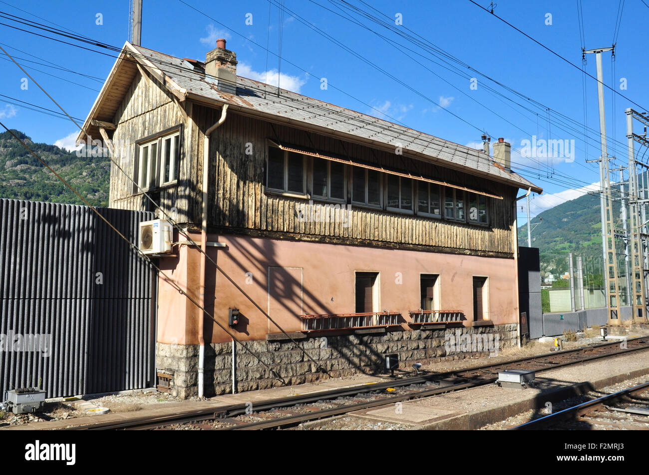 Old signal box at the west end of Brig station, Valais, Switzerland Stock Photo