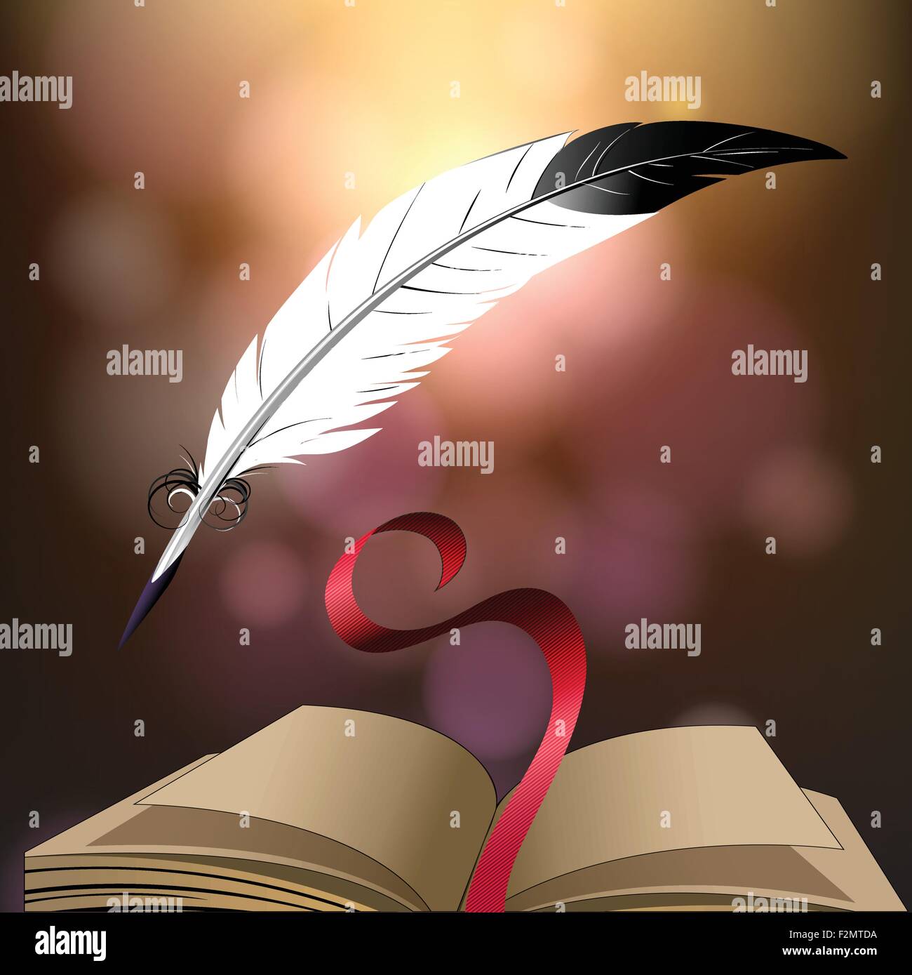 Open book and quill pen against fantasy background. Colorful illustration. Stock Vector