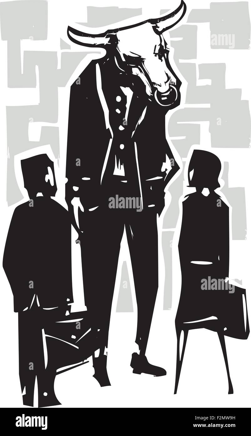 Woodcut style expressionistic image of a business man and woman facing minotaur and maze Stock Vector