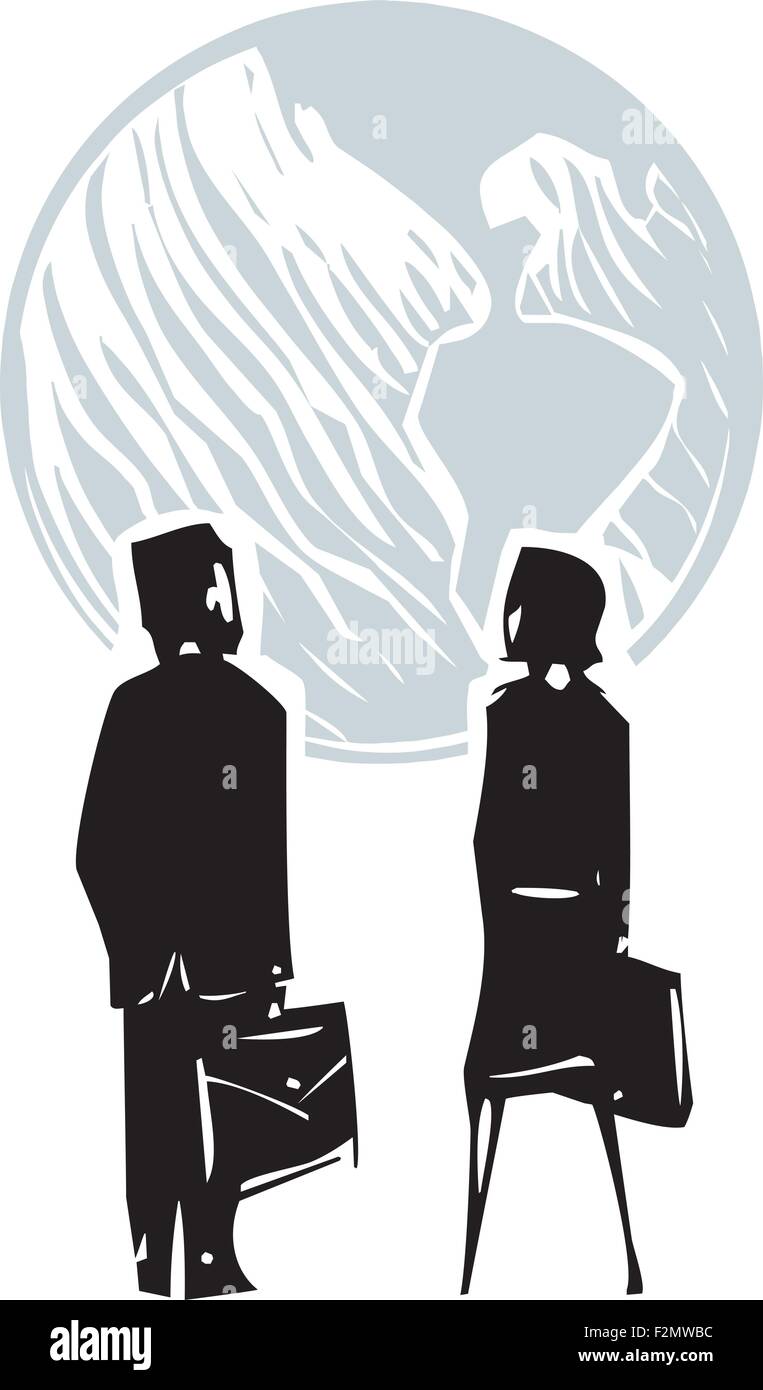 Woodcut style expressionistic image of a business man and woman facing globe the earth Stock Vector
