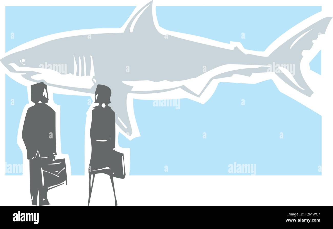 Woodcut style expressionistic image of a business man and woman facing a shark Stock Vector