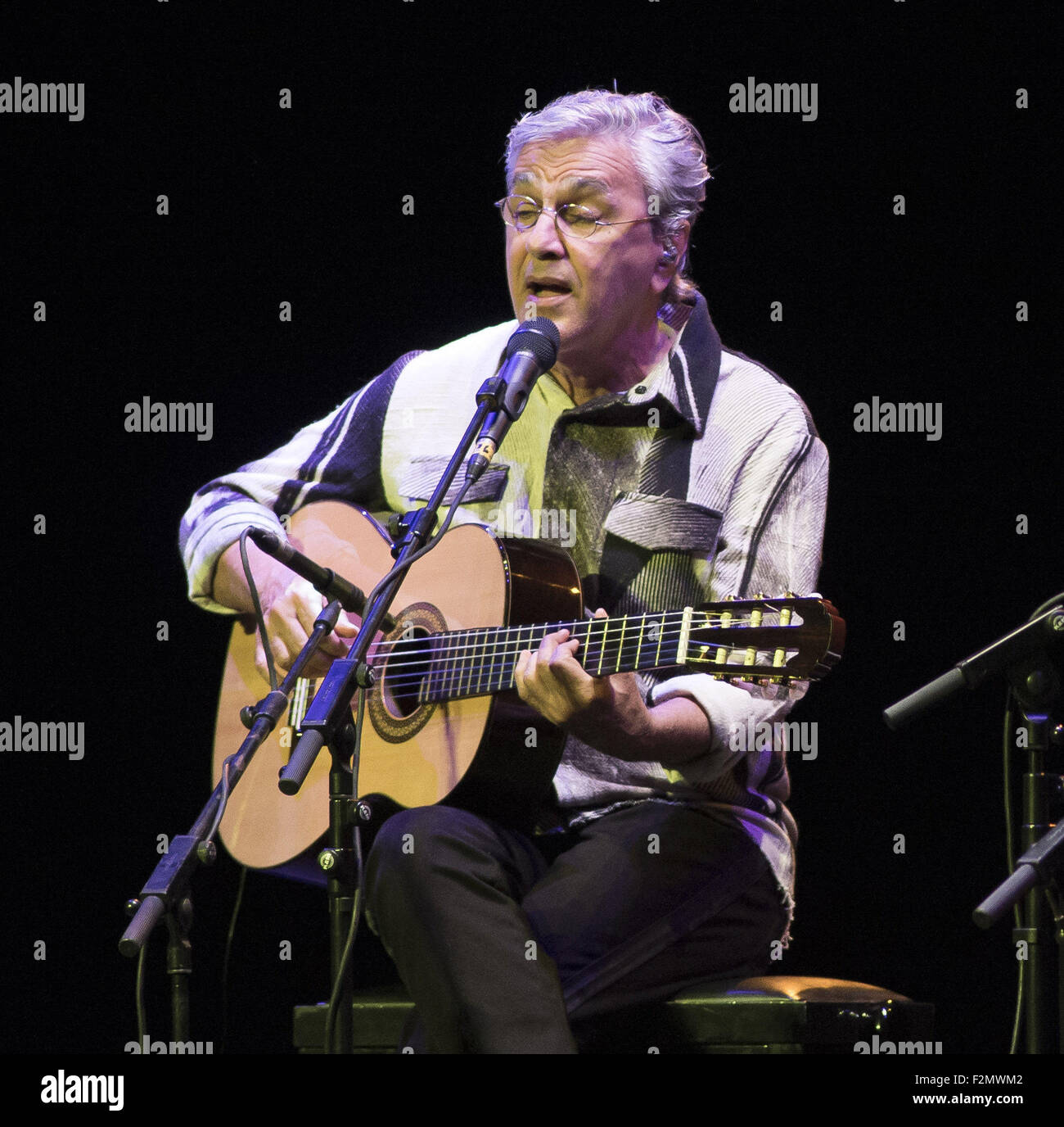Brazilian singers Caetano Veloso and Gilberto Gil during their Universal Music Festival concert at the Royal Theatre in Madrid  Featuring: Caetano Veloso Where: Madrid, Spain When: 21 Jul 2015 Stock Photo