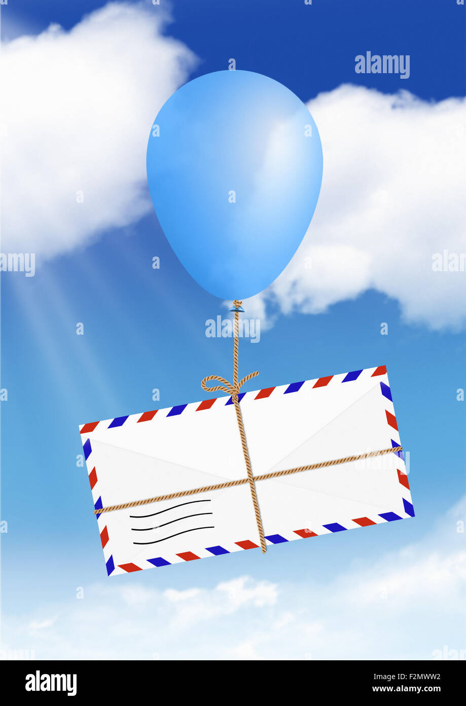 Air Mail concept, envelope fly on balloon with copy space Stock Photo